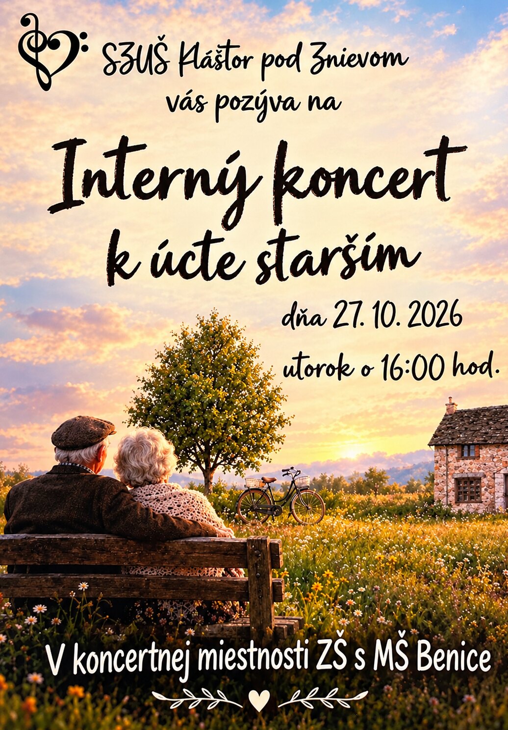 Plagát: SZUŠ Kláštor pod Znievom vás pozýva na interný koncert k úcte starším dňa 27. 10. 2026, utorok o 16:00 hod. V koncertnej miestnosti ZŠ s MŠ Benice.